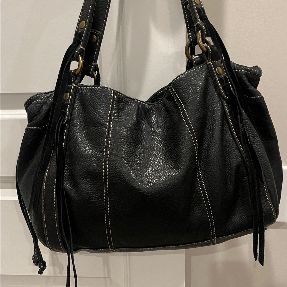 Lucky Brand black leather fringe hobo tooled boho bag vintage inspired - Picture 2 of 11